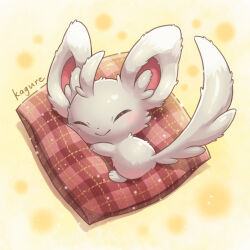 :&gt; animal_focus artist_name blush closed_eyes closed_mouth commentary_request creatures_(company) cushion game_freak gen_5_pokemon grey_fur happy highres kagure_(karaguren) lying minccino nintendo no_humans pokemon pokemon_(creature) pokemon_focus signature smile solo tail white_fur