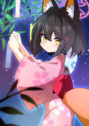1girl :3 animal_ear_fluff animal_ears black_hair blue_archive closed_mouth commentary_request eyes_visible_through_hair fox_ears fox_tail fukamiki_kei halo highres izuna_(blue_archive) japanese_clothes kimono long_sleeves looking_at_viewer pink_halo pink_kimono short_hair sky solo star_(sky) starry_sky tail tanabata tanzaku wide_sleeves yellow_eyes