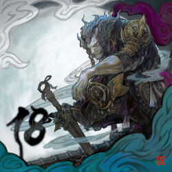1boy armor artist_request braid closed_mouth dagger final_fantasy final_fantasy_xiv furry furry_male grey_hair highres holding holding_dagger holding_knife holding_weapon hrothgar knife kunai looking_at_viewer male_focus ninja_(final_fantasy) pauldrons plume shoulder_armor signature solo squatting warrior_of_light_(ff14) weapon wide-eyed yellow_eyes