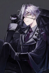 1boy black_background black_gloves black_jacket black_pants chain collared_shirt commentary eyepatch gloves green_eyes grey_hair grey_shirt gun handgun holding holding_gun holding_weapon jacket lapels light_particles male_focus matsunaka_hiro necktie notched_lapels original pants purple_necktie shirt short_hair sitting smile solo weapon