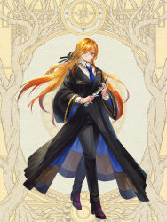 Rule 34 | 1girl, akasha reichhardt, black coat, black pants, black ribbon, block heels, blue coat, blue necktie, boots, closed mouth, coat, collared shirt, cuff links, dagger, dairoku ryouhei, full body, gold trim, hair between eyes, hair ornament, hair ribbon, high heel boots, high heels, highres, holding, holding dagger, holding knife, holding weapon, jewelry, knife, lapels, long hair, long sleeves, looking at viewer, multicolored boots, necktie, orange hair, pants, pom pom (clothes), pom pom hair ornament, purple boots, purple eyes, ribbon, ring, scallgo, shawl lapels, shirt, sideways glance, smile, solo, standing, two-sided coat, two-sided fabric, two-tone boots, very long hair, weapon, white shirt, wide sleeves, yellow background