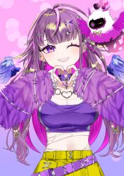 1girl absurdres belt bird blue_wings blush breasts choker cleavage colored_inner_hair commentary_request cowboy_shot detached_wings earrings feathered_wings fingernails four-finger_heart_hands fur_sleeves grin hair_ornament hairclip heart heart_hands heart_necklace highres jewelry long_hair looking_at_viewer medium_breasts midriff multicolored_hair nanashi_inc. navel necklace one_eye_closed purple_background purple_belt purple_choker purple_eyes purple_hair purple_nails purple_sleeves purple_sports_bra skirt smile solo sports_bra tamotsu_(mary) uruwashi_ririri virtual_youtuber wings x_hair_ornament yellow_skirt