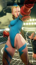 1girl 3d antenna_hair bare_shoulders blonde_hair blue_eyes blue_hat blue_leotard braid breasts cammy_white clenched_hand covered_navel curvy gloves groin hat highleg highleg_leotard highres large_breasts leotard lips long_hair red_gloves ryona screencap shiny_clothes solo street_fighter street_fighter_v thighs third-party_edit thong_leotard twin_braids very_long_hair wide_hips