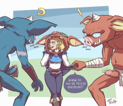 ! 1girl 2boys ? blonde_hair bokoblin erection fooltool goblin green_eyes imminent_rape mask mask_on_head monster multiple_boys nervous nervous_sweating nintendo open_mouth penis princess princess_zelda short_hair signature smelling speech_bubble sweat the_legend_of_zelda the_legend_of_zelda:_tears_of_the_kingdom veins veiny_penis
