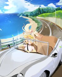1girl absurdres animal_ear_fluff animal_ears bare_shoulders beach blue_archive blue_sky car closed_mouth cloud cross_halo diamond_cutout driving fingernails flat_chest fox_ears fox_girl hair_over_one_eye halo highres hyurumari jacket jaguar_e-type lamppost loli long_hair long_sleeves motor_vehicle mountain no_tail ocean off_shoulder official_alternate_costume official_alternate_hairstyle on_car one-piece_swimsuit one_eye_covered orange-tinted_eyewear pink_eyes road scenery seia_(blue_archive) seia_(swimsuit)_(blue_archive) side_ponytail sky sleeves_past_wrists solo steering_wheel swimsuit tinted_eyewear very_long_hair visor_cap white_one-piece_swimsuit yellow_halo yellow_jacket yellow_visor
