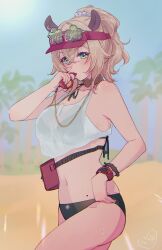 Rule 34 | 1girl, absurdres, animal ears, bikini, bikini under clothes, blonde hair, blue sky, blurry, blurry background, breasts, commentary, crop top, crossed bangs, day, double-parted bangs, english commentary, eyewear on head, green-tinted eyewear, green bikini, green eyes, hair between eyes, hair ornament, hair scrunchie, hand up, hat, highres, indie virtual youtuber, kokomi (aniesuakkaman), large breasts, lifeguard, looking at viewer, medium hair, mole, navel, nimi nightmare, nimi nightmare (lifeguard), official alternate costume, official alternate hairstyle, outdoors, ponytail, red hat, scrunchie, see-through tank top, sky, solo, stomach, swimsuit, tank top, tapir ears, tinted eyewear, virtual youtuber, whistle, whistle around neck, white tank top