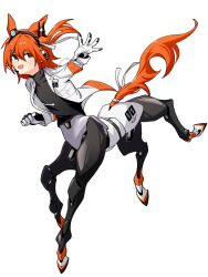 1girl a.i._voice adachi_rei animal_ears black_shirt centaur chinese_commentary commentary drawstring floating_hair full_body gloves hair_ribbon hand_up headlamp headset highres horse_ears jacket long_sleeves looking_at_another medium_hair one_side_up open_clothes open_jacket open_mouth orange_eyes orange_hair radio_antenna ribbon robot_girl shirt simple_background solo tail tail_ornament tail_ribbon taur utau white_background white_jacket white_ribbon yi_xing_luren