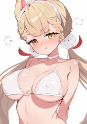 1girl :t alice_thymefield animal_ears arms_behind_back bikini bitseon blonde_hair braid breasts choker closed_mouth collarbone commentary covered_erect_nipples fox_ears fox_girl heterochromia highres large_breasts long_hair looking_at_viewer pout puff_of_air red_eyes solo swimsuit twintails upper_body white_bikini white_choker yellow_eyes zenless_zone_zero