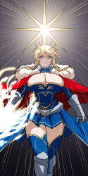 1girl absurdres ahoge artoria_pendragon_(fate) artoria_pendragon_(lancer)_(fate) blonde_hair blue_gloves blue_leotard blue_thighhighs braid braided_bun breasts cape cleavage crown fate/grand_order fate_(series) fur-trimmed_cape fur_trim gauntlets gloves green_eyes hair_between_eyes hair_bun heattech_leotard highres huge_breasts leotard nekosama_shugyouchuu red_cape sanding sidelocks solo thighhighs turtleneck