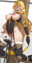 1girl absurdres ahegao ahoge arms_behind_back ball_gag bdsm blonde_hair blush bondage bondage_mittens boots bound breasts gag gag_harness gagged high_heels highres jacket large_breasts long_hair nipples purple_eyes pussy restrained rwby separated_arms separated_legs sex simple_background skindentation solo thigh_boots very_long_hair vuxer white_background yang_xiao_long
