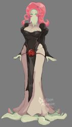 Rule 34 | 1girl, black dress, breasts, captainmirror 0, cthulhu mythos, dress, full body, grey background, highres, large breasts, ln&#039;eta, monster girl, pink hair, ponytail, solo, squid girl, sucker for love, tentacle hair, tentacle in mouth, tentacle legs, tentacles