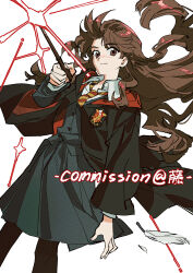 1girl absurdres aibivy arm_at_side artist_name aura black_cardigan black_coat black_pantyhose black_skirt brown_eyes brown_hair buttons cardigan casting_spell chinese_text closed_mouth coat collared_shirt commentary_request commission cowboy_shot diagonal-striped_clothes diagonal-striped_necktie dress_shirt falling_feathers feathers film_grain floating_hair gryffindor hand_up harry_potter_(series) hermione_granger highres hogwarts_school_uniform holding holding_wand hood hood_down hooded_coat long_hair long_sleeves looking_at_viewer mihuashi_username miniskirt necktie open_clothes open_coat pantyhose red_necktie red_stripes school_emblem school_uniform shirt simple_background simplified_chinese_text skirt skirt_set smile solo striped_clothes two-sided_coat two-sided_fabric wand white_background white_feathers white_shirt wind wing_collar wizarding_world yellow_necktie yellow_stripes