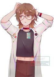 Rule 34 | 1girl, absurdres, adjusting hair, alternate costume, arm up, artist name, black shirt, bracelet, brown hair, brown pants, choker, coat, facing viewer, glasses, highres, id card, jewelry, looking to the side, midriff, navel, open clothes, open coat, orange eyes, pants, ratanan, red choker, regulus (reverse:1999), reverse:1999, shirt, short hair, sleeves rolled up, solo, triangle mouth, upper body, water, white background, white coat