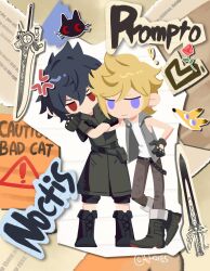 anger_vein aries20770321 arm_around_shoulder bare_shoulders belt black_belt black_boots black_cat black_gloves black_hair black_jacket black_shorts blonde_hair blue_eyes boots cat character_name chibi chibi_only crossed_arms final_fantasy final_fantasy_xv flower fox full_body furrowed_brow gloves grey_pants grey_vest hair_between_eyes hand_on_own_hip highres jacket noctis_lucis_caelum panties pants print_panties prompto_argentum red_eyes red_flower red_rose rose shirt short_sleeves shorts sleeveless sleeveless_shirt smile spiked_hair sword twitter_username underwear vest weapon white_shirt