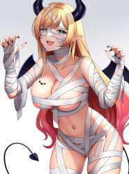 Rule 34 | 1girl, absurdres, bandaged arm, bandaged hand, bandaged head, bandaged leg, bandaged neck, bandaged wrist, bandages, bat tattoo, black nails, blonde hair, breasts, claw pose, cleavage, collarbone, demon girl, demon horns, demon tail, demon wings, fang, fingernails, gradient hair, halloween, halloween costume, highres, hololive, horns, large breasts, long hair, multicolored hair, mummy costume, naked bandage, navel, pointy ears, sei joshikou, simple background, solo, tail, tattoo, virtual youtuber, wings, yuzuki choco