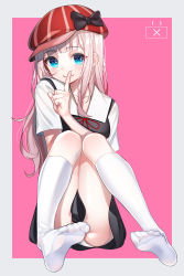 1girl absurdres ass black_bow black_dress blouse blue_eyes blunt_bangs blush bow newsboy_cap closed_mouth collarbone collared_dress commentary_request dress feet female_focus finger_to_mouth fingernails fujiwara_chika full_body grey_background hat hat_bow highres kaguya-sama_wa_kokurasetai_~tensai-tachi_no_renai_zunousen~ knees_together_feet_apart long_hair no_shoes panties pink_background pink_hair red_hat school_uniform shirt short_sleeves shushing shuuchiin_academy_school_uniform sitting sleeveless sleeveless_dress smile soles solo the_cold thighhighs two-tone_background underwear very_long_hair white_panties white_shirt white_thighhighs