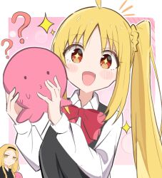 Rule 34 | 2girls, :d, ?, ??, ahoge, akure1129, animal, black vest, blonde hair, blush stickers, bocchi the rock!, hair ornament, hashtag-only commentary, highres, holding, holding animal, ijichi nijika, kirarazaka marina, long hair, long sleeves, looking at viewer, multiple girls, o3o, octopus, open mouth, shirt, side ponytail, smile, star-shaped pupils, star (symbol), sweatdrop, symbol-shaped pupils, takopii, takopii no genzai, two-tone background, vest, white shirt