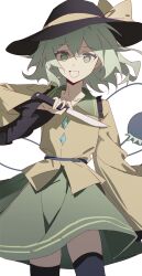 1girl :d black_hat black_thighhighs blouse bow buttons collarbone collared_shirt commentary contrast_collar cowboy_shot diamond_button flower frilled_shirt_collar frilled_sleeves frills green_eyes green_hair green_skirt hair_between_eyes hand_up hat hat_bow highres holding holding_knife knife koishi_day komeiji_koishi looking_at_viewer medium_hair open_mouth shirt skirt smile solo standing thighhighs third_eye touhou white_background wuliwuli909 yellow_bow yellow_shirt