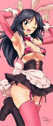 1girl absurdres alternate_costume animal_ears armpits bikini black_hair blue_eyes blush bow bowtie breasts camouflage camouflage_bikini enmaided erakin fake_animal_ears garter_straps girls_und_panzer highres large_breasts leotard long_hair looking_at_viewer maid one_eye_closed open_mouth pink_background pink_bow pink_bowtie pink_thighhighs playboy_bunny presenting_armpit rabbit_ears rabbit_pose simple_background smile solo swimsuit thighhighs yamagou_ayumi