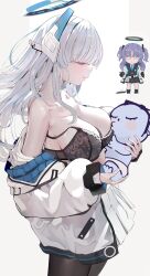 1girl absurdres blue_archive bra breast_sucking breastfeeding breasts chibi chibi_inset doodle_sensei_(blue_archive) grey_hair halo highres jacket large_breasts long_hair long_sleeves mechanical_halo noa_(blue_archive) pantyhose pjkka purple_eyes purple_hair sensei_(blue_archive) simple_background smile underwear white_background white_hair yuuka_(blue_archive)