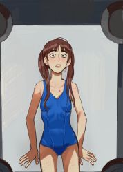 1girl blue_one-piece_swimsuit blush body_freckles borrowed_character breasts brown_hair female_focus freckles fukouna_shoujo_03 highres kara_eklund long_hair looking_at_viewer mossacannibalis one-piece_swimsuit original parted_lips small_breasts solo swimsuit thick_eyebrows twintails upper_body