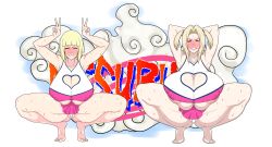2girls absurdres areola_slip armpits arms_behind_head arms_up barefoot blonde_hair blush breasts cheerleader cleavage cleavage_cutout clothing_cutout covered_erect_nipples crop_top feet female_focus gigantic_breasts heart_cutout highres huge_breasts multiple_girls naruto_(series) naruto_shippuuden no_bra panties samui_(naruto) sihkygmojsn skirt spread_legs squatting sweat thick_thighs thighs tsunade_(naruto) twintails underboob underwear v white_panties
