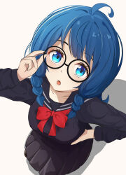 Rule 34 | 1girl, :o, absurdres, adjusting eyewear, ahoge, black sailor collar, black serafuku, black shirt, black skirt, blue eyes, blue hair, bow, bowtie, braided sidelocks, breasts, choppy bangs, collarbone, commentary request, featherripple, foreshortening, from above, glasses, hand on own hip, hand up, highres, large breasts, light blush, long hair, long sidelocks, long sleeves, looking at viewer, looking up, make heroine ga oo sugiru!, open mouth, pleated skirt, red bow, red bowtie, round eyewear, sailor collar, school uniform, serafuku, shadow, shirt, sidelocks, simple background, skirt, solo, standing, white background, yanami anna