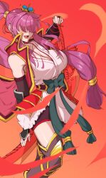 Rule 34 | 1girl, aira (duel masters), bare shoulders, breasts, cleavage, crown, duel masters, faceless, faceless female, female focus, gradient background, green ribbon, hair over eyes, hidden eyes, highres, large breasts, open mouth, orange background, ponytail, red background, ribbon, sleeveless, smile, solo, standing, sword, thick thighs, thighs, waist ribbon, weapon