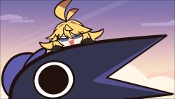 1girl :d ahoge bird blonde_hair blue_eyes blue_hat chibi cloud crow dokibird_(vtuber) dokibird_(vtuber)_(bounty_hunter) dokibird_(vtuber)_(crowki) fang hat highres indie_virtual_youtuber looking_at_viewer open_mouth outdoors peeking skin_fang sky smile solo twilight virtual_youtuber yinmelonsoup