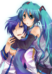 1boy 1girl blue_eyes blue_hair couple elbow_gloves gloves green_eyes green_hair hatsune_miku headphones headset hetero hug hug_from_behind kaito_(vocaloid) kurohara_yuu long_hair short_hair twintails vocaloid