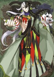 1boy argyle_sash ashiya_douman_(fate) bell between_fingers black_eyes black_hair black_skin collar colored_extremities colored_skin detached_sleeves earrings fate/grand_order fate_(series) feet_out_of_frame fingernails floating_hair furumi_showichi game_cg gradient_skin green_kimono green_nails hadanugi_dousa hair_bell hair_between_eyes hair_ornament hands_up head_tilt holding japanese_clothes jewelry jingle_bell kimono long_fingernails long_hair long_sleeves looking_at_viewer magatama magatama_earrings male_focus multicolored_hair official_art open_kimono parted_lips pectorals purple_collar sharp_fingernails single_detached_sleeve solo striped_sleeves talisman third-party_source toned toned_male two-tone_hair underpec variant_set very_long_hair white_hair wide_sleeves