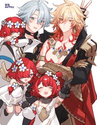 2boys 3girls alkalilyy ancient_greek_clothes angel_wings armor asymmetrical_footwear black_boots black_gloves black_hairband blonde_hair blue_eyes boots commentary commentary_request cross-shaped_pupils crossed_arms dress english_commentary gauntlets gloves greco-roman_clothes hairband head_wreath highres holding holding_paper honkai:_star_rail honkai_(series) mismatched_footwear multiple_boys multiple_girls open_mouth paper pointy_ears red_hair red_tattoo short_hair shoulder_armor smile symbol-shaped_pupils trianne_(honkai:_star_rail) tribbie_(honkai:_star_rail) trinnon_(honkai:_star_rail) twitter_username v white_boots white_dress white_hair winged_boots wings yellow_eyes