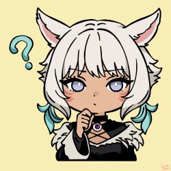 1girl ? absurdres animal_ears bright_pupils cat_ears cat_girl chibi chibi_only cropped_torso dark-skinned_female dark_skin facial_mark final_fantasy final_fantasy_xiv furrowed_brow grey_eyes hand_on_own_chin highres kosaka_utaha looking_at_viewer miqo&#039;te short_hair simple_background solo white_hair white_pupils y&#039;shtola_rhul yellow_background