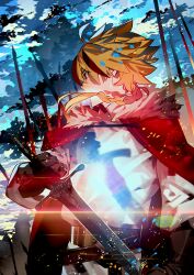 Rule 34 | 1boy, belt, blonde hair, braid, braided ponytail, brown belt, brown gloves, cape, covered mouth, diffraction spikes, fate/grand order, fate (series), floating hair, fur-trimmed cape, fur trim, game cg, gloves, holding, holding sheath, holding sword, holding weapon, long hair, low ponytail, male focus, morii shizuki, multicolored hair, official art, ponytail, red cape, richard i (fate), sheath, single braid, solo, spiked hair, streaked hair, sword, third-party source, tunic, two-tone hair, unsheathing, upper body, weapon, white tunic