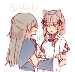 ! 2girls animal_ears arm_cutout arm_strap assault_lily black_capelet black_choker black_hair black_skirt blunt_bangs blush breasts brown_hair capelet cat_ears choker commentary cropped_torso detached_sleeves facing_another fake_animal_ears flower_knot flying_sweatdrops green_eyes hair_ornament hair_over_shoulder hair_scrunchie hands_up heart high-waist_skirt kuo_shenlin looking_at_another low_side_ponytail medium_breasts multiple_girls one_side_up open_mouth parted_lips profile rui_rui_rui0122 school_uniform scrunchie shirt short_sleeves side_ponytail simple_background skirt smile speech_bubble spoken_exclamation_mark spoken_flying_sweatdrops spoken_heart suspender_skirt suspenders tassel tassel_hair_ornament upper_body wang_yujia white_background white_scrunchie white_shirt wide_sleeves yurigaoka_girls_academy_school_uniform
