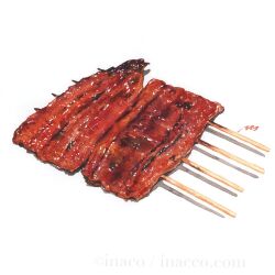 artist_name commentary_request fish_(food) food food_focus grilled_eel inaco no_humans original painting_(medium) signature simple_background skewer still_life traditional_media watercolor_(medium) white_background