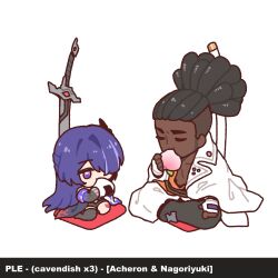 1boy 1girl acheron_(honkai:_star_rail) black_hair chibi closed_eyes dark_skin dorkdragoon food fruit guilty_gear guilty_gear_strive holding holding_food holding_fruit honkai:_star_rail honkai_(series) jacket katana long_hair nagoriyuki onigiri open_clothes open_jacket pants peach ponytail purple_eyes purple_hair simple_background sword very_long_hair weapon white_background white_jacket white_pants