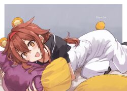 +_+ 1girl animal_ears black_shirt blush brown_eyes brown_hair commentary dress fake_animal_ears fake_tail hair_between_eyes hairband hugging_object kantai_collection long_hair looking_at_viewer lying open_mouth orange_eyes pillow pillow_hug red_hairband shiratsuyu_(autumn)_(kancolle) shiratsuyu_(kancolle) shirt short_sleeves solo sugue_tettou tail twitter_username white_dress