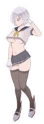 1girl black_thighhighs blue_sailor_collar breasts crop_top full_body gloves grey_hair grey_skirt hair_ornament hair_over_one_eye hairclip hamakaze_(kancolle) highres kantai_collection large_breasts miniskirt neckerchief pleated_skirt rudder_footwear sailor_collar school_uniform serafuku shoes short_hair short_sleeves simple_background skirt solo standing thighhighs underboob wa_(genryusui) white_background white_gloves yellow_neckerchief