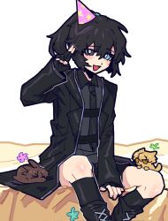 1boy aged_down animalization aqua_eyes black_boots black_coat black_eyes black_gloves black_hair black_necktie black_shirt black_shorts black_socks boots cat coat collared_shirt fingerless_gloves full-stop_office_(identity)_(project_moon) gloves hat heathcliff_(project_moon) heterochromia highres hong_lu_(project_moon) kageyamakira lapels limbus_company looking_at_viewer necktie notched_lapels open_mouth party_hat ponytail project_moon rabbit shirt shorts sinclair_(project_moon) smile socks solo