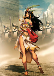 1girl 6+boys architecture armor army ass aztec back beard black_hair breastplate breasts butt_crack city cloud conquistador cross day facial_hair genzoman helmet historical_event la_malinche lance long_hair long_legs looking_at_viewer medium_breasts mesoamerican_architecture mexico midriff multiple_boys neck_ruff polearm pyramid_(structure) real_life realistic sandals skirt soldier spain spanish_text spear tenochtitlan tiara weapon