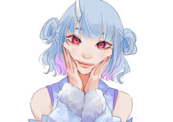 Rule 34 | 1girl, absurdres, bare shoulders, blue hair, blue nails, blunt bangs, busou kanojo, colored inner hair, detached sleeves, double bun, dress, fang, fur-trimmed sleeves, fur trim, hair bun, hands on own cheeks, hands on own face, highres, horns, looking at viewer, medium hair, multicolored hair, nenemaru (busou kanojo), portrait, red eyes, simple background, single horn, sketch, sleeveless, sleeveless dress, solo, virtual youtuber, white background, zoramaruta