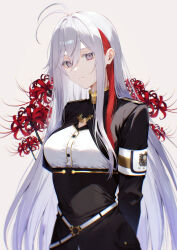 Rule 34 | 1girl, 86 -eightysix-, antenna hair, armband, belt, black jacket, blue trim, cropped jacket, gold trim, high collar, highres, jacket, long hair, long sleeves, looking at viewer, military uniform, multicolored hair, o-ring, o-ring belt, purple eyes, red hair, shirt, solo, streaked hair, swept bangs, upper body, very long hair, vladilena millize, white belt, white hair, white shirt, yamaki kai