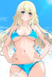 1girl absurdres atago_(kancolle) bikini blonde_hair blue_bikini blush breasts cloud cloudy_sky cowboy_shot day green_eyes hands_on_own_hips highres kantai_collection large_breasts long_hair looking_at_viewer navel nitamako_(sakamalh) outdoors sky smile sunlight swimsuit