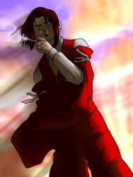 Rule 34 | 1boy, black eyes, brown hair, cigarette, cloud, commentary request, cowboy shot, curtained hair, detached sleeves, genderswap, genderswap (ftm), hair tubes, hakurei reimu, holding, holding cigarette, long sleeves, looking at viewer, male focus, necktie, open mouth, outdoors, pants, purple sky, red pants, red sleeves, red vest, shirt, short hair, simotukiryuusi, sky, smoke, smoking, solo, sunset, touhou, vest, white shirt, yellow necktie