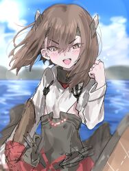 1girl aogisa blue_sky blush brown_eyes brown_hair clenched_hand cloud commentary_request day hair_between_eyes headband headgear highres kantai_collection long_sleeves looking_at_viewer open_mouth outdoors rigging short_hair sketch sky solo taihou_(kancolle) teeth upper_teeth_only water