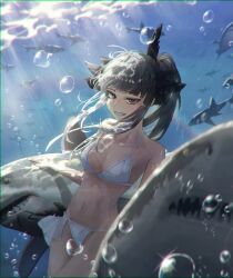 1girl absurdres air_bubble artemis_of_the_blue atelier_live bikini black_hair black_ribbon blunt_bangs bubble chromatic_aberration deuljjugnaljjug great_white_shark hair_ribbon highres looking_at_viewer navel ponytail ribbon shark shark_fin sharp_teeth sidelocks smile submerged swimsuit teeth underwater virtual_youtuber white_bikini