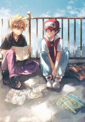2boys black_shirt black_shoes blonde_hair blue_oak brown_bag brown_eyes brown_hair closed_mouth cloud collared_shirt creatures_(company) day game_freak hat highres holding jacket jewelry male_focus map multiple_boys necklace nintendo open_clothes open_jacket outdoors pants pokemon pokemon_frlg pokemon_rgby purple_pants red_(pokemon) red_hat shirt shiruko_(s1ruko) shoes short_hair sitting spiked_hair white_shoes