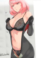 1girl absurdres bare_shoulders black_bodysuit black_bra black_gloves black_panties bodysuit bra breasts cleavage feet_out_of_frame female_commander_(girls&#039;_frontline) gd146 girls&#039;_frontline girls&#039;_frontline_2:_exilium gloves highres looking_down medium_breasts medium_hair navel open_bodysuit open_clothes open_mouth panties pink_hair red_eyes simple_background solo standing twitter_username underwear