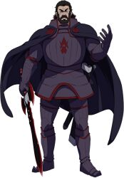 Rule 34 | 1boy, anime coloring, armor, armored skirt, beard, black hair, blue eyes, breastplate, clevatess: majuu no ou to akago to shikabane no yuusha, cloak, closed mouth, dorel (clevatess), facial hair, full armor, full body, gauntlets, greaves, hair slicked back, holding, holding sword, holding weapon, looking at viewer, male focus, mature male, medium hair, mustache, official art, open hand, purple armor, purple cloak, sako souichirou, shoulder armor, sideburns, simple background, solo, spread fingers, standing, sword, thick eyebrows, transparent background, tsurime, v-shaped eyebrows, weapon